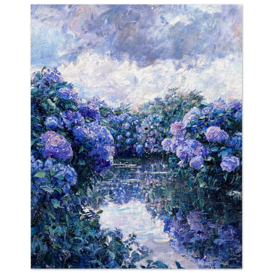Fine art print of an impressionist oil painting featuring blue and purple hydrangeas along a reflective riverbank under a soft sky.