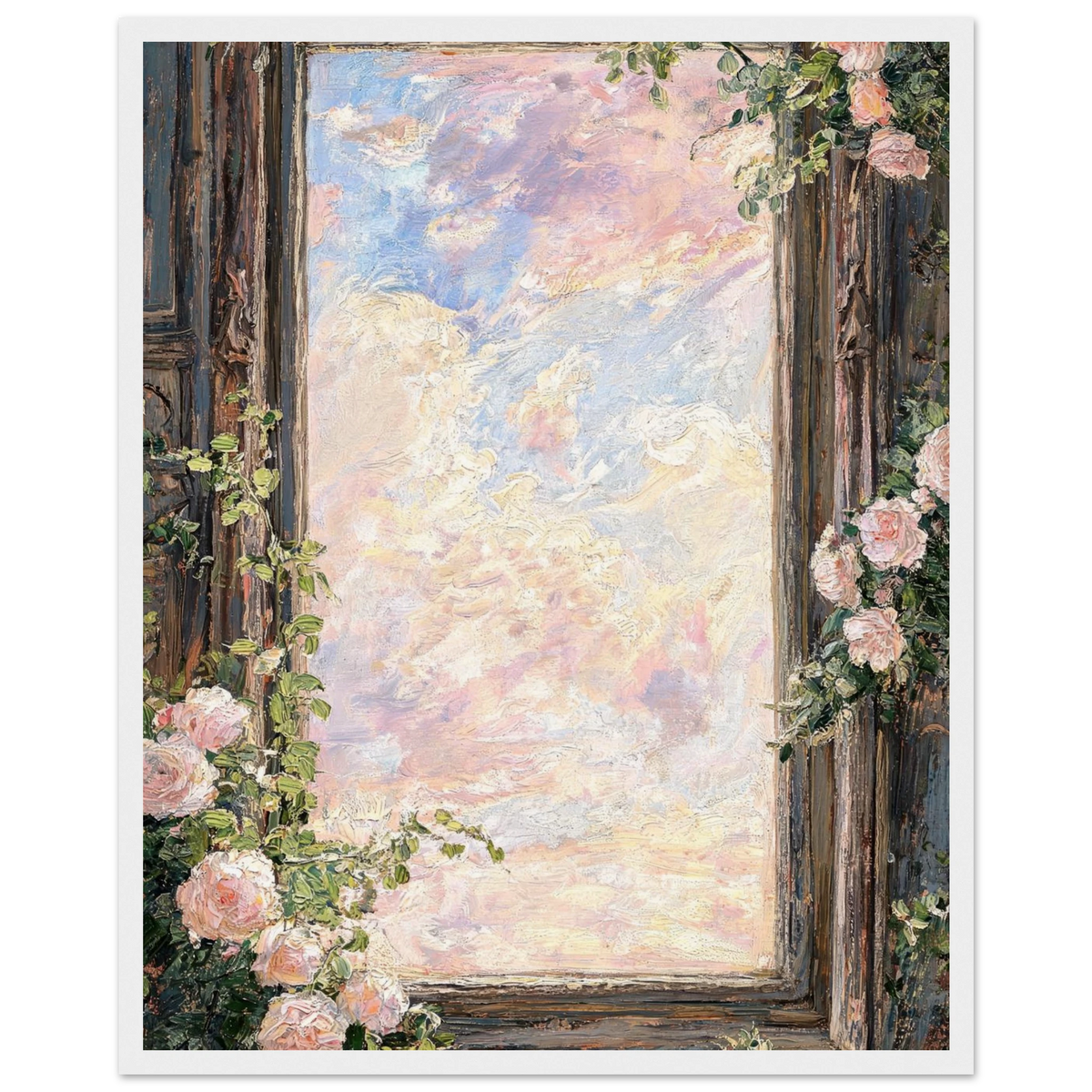 Framed Pastel Sky and Rose Window Art Print | Ready-to-Hang Floral Wall Decor