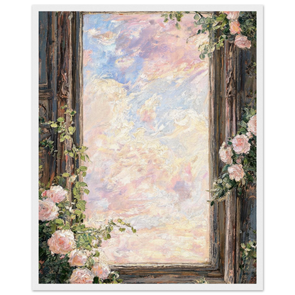 Framed Pastel Sky and Rose Window Art Print | Ready-to-Hang Floral Wall Decor