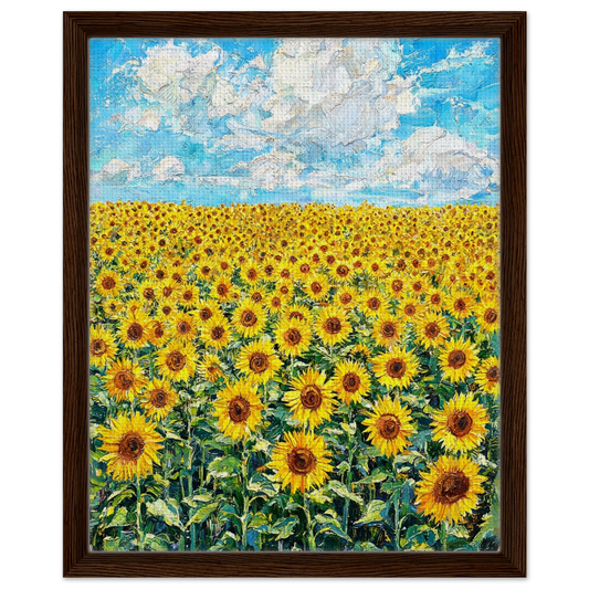 Premium framed canvas print featuring a vibrant yellow meadow and blue sky design.