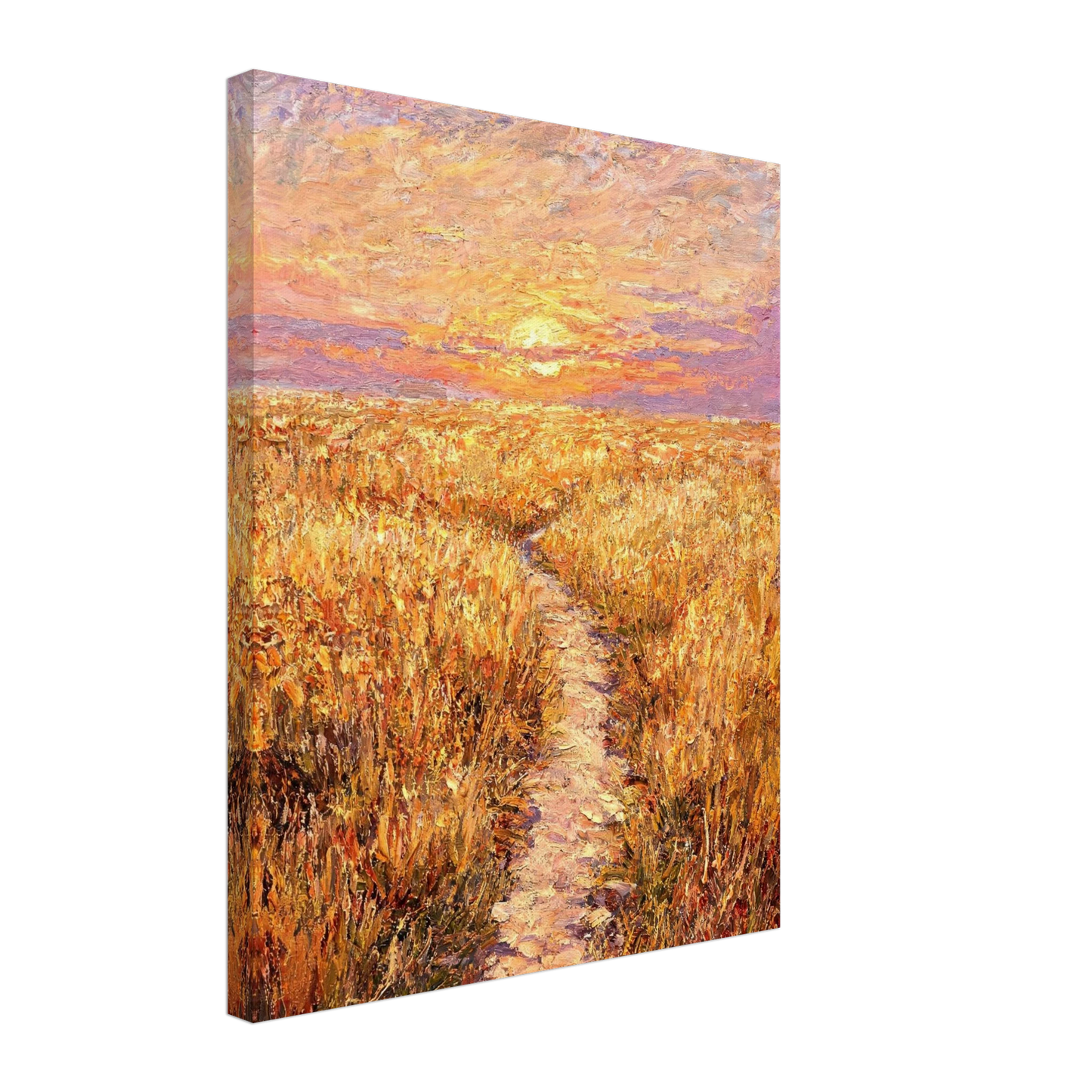 Canvas print featuring an impressionist oil painting of a path leading into a golden sunset field.
