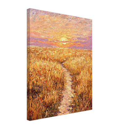 Canvas print featuring an impressionist oil painting of a path leading into a golden sunset field.