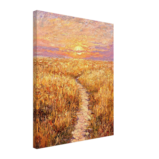 Canvas print featuring an impressionist oil painting of a path leading into a golden sunset field.