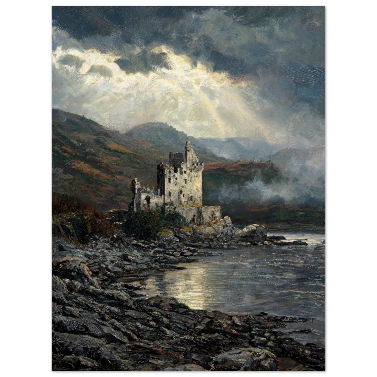 A dramatic landscape painting of a stone castle on a rocky shoreline beside a body of water, with misty mountains in the background and bright light breaking through dark clouds.