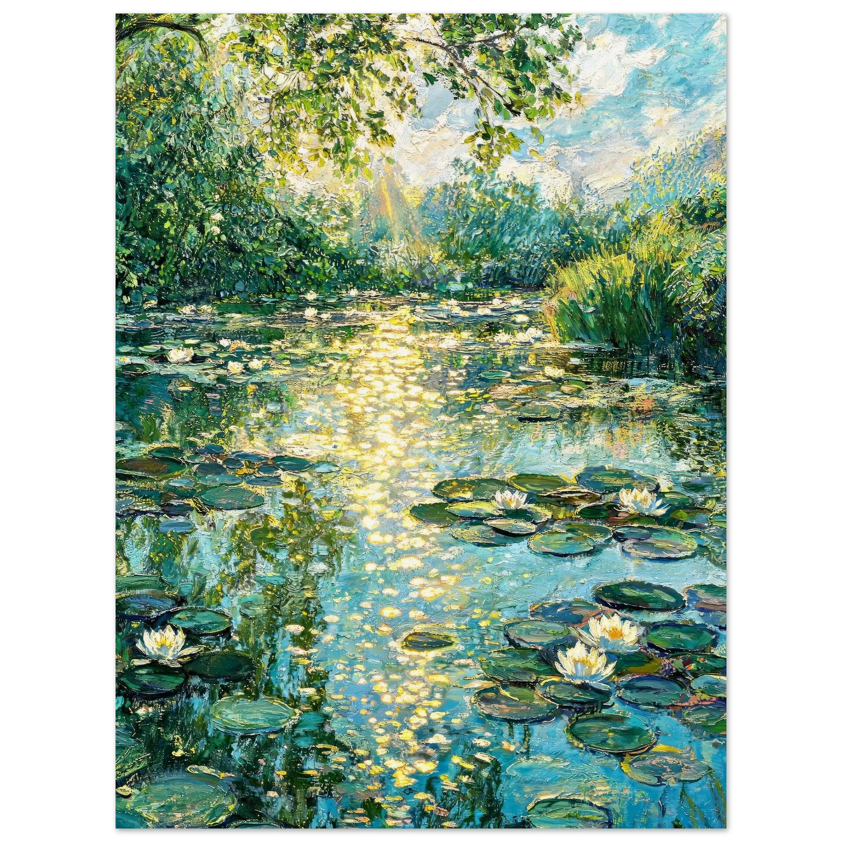 A vertical art print depicting a sunlit pond with water lilies, lily pads, reeds, and dappled light filtering through trees, shown against a white background.