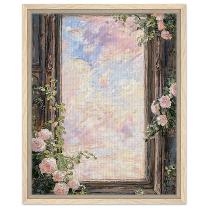 Framed Canvas Art: Romantic Vintage Rose Window | Textured Pastel Sky Print