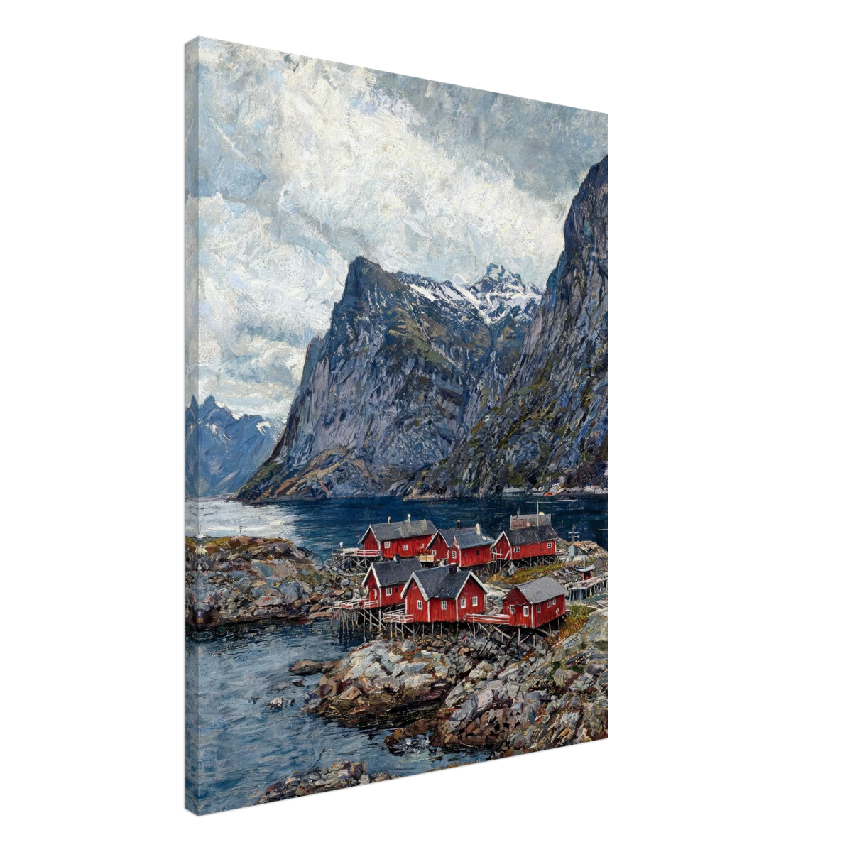 A vertical canvas wall art print depicting a Norwegian fjord landscape with red houses, rocky shorelines, and steep mountains under a cloudy sky, shown at a three-quarter angle on a white background.
