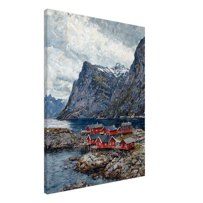 A vertical canvas wall art print depicting a Norwegian fjord landscape with red houses, rocky shorelines, and steep mountains under a cloudy sky, shown at a three-quarter angle on a white background.