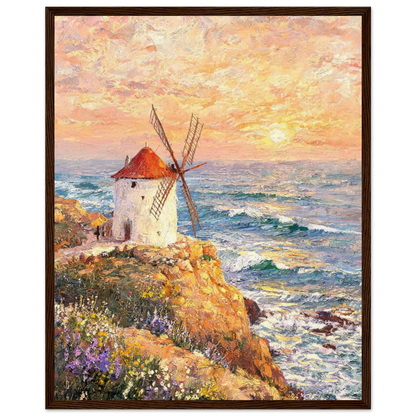 Framed Coastal Windmill Art | Seaside Sunset Wall Decor Poster
