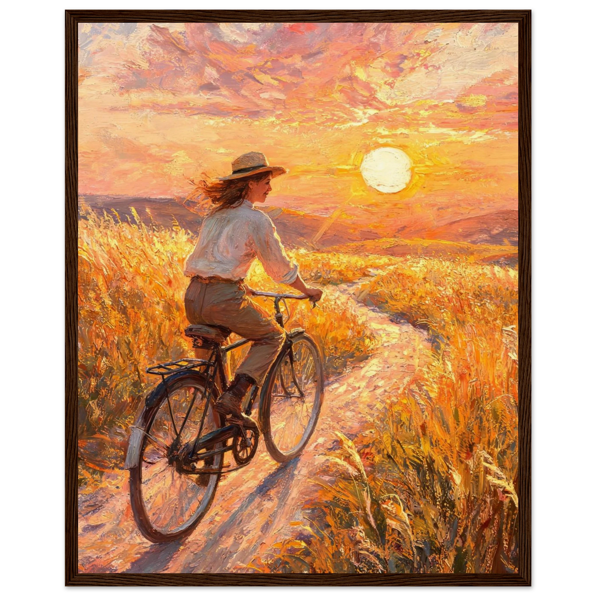 Wooden framed fine art print featuring an impressionist oil painting of a bicycle ride at golden hour.
