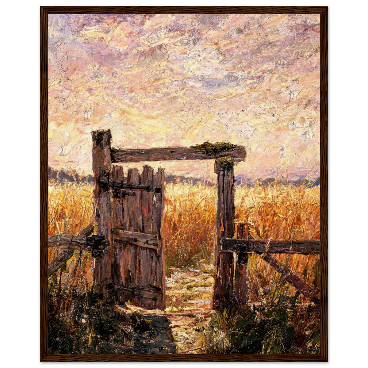 Wooden framed fine art print featuring an impressionist oil painting of an old wooden gate and sunset fields. Dark wood frame.