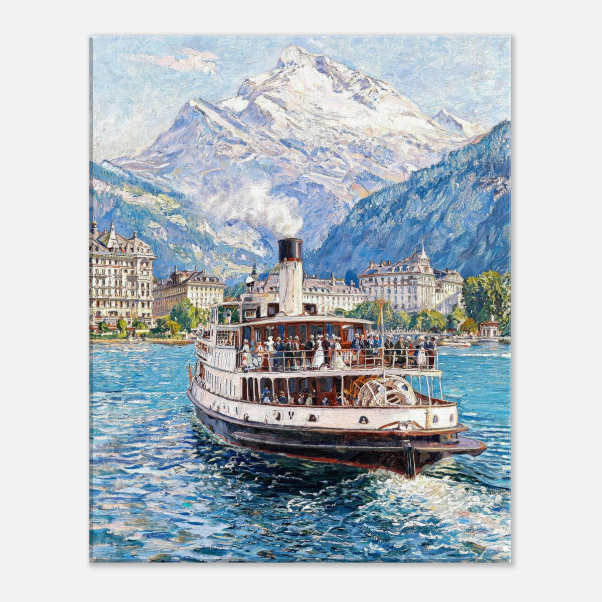 A vertical art print depicting a scenic landscape painting of a white steamboat on a blue lake with mountains and buildings in the background, shown against a light gray border.