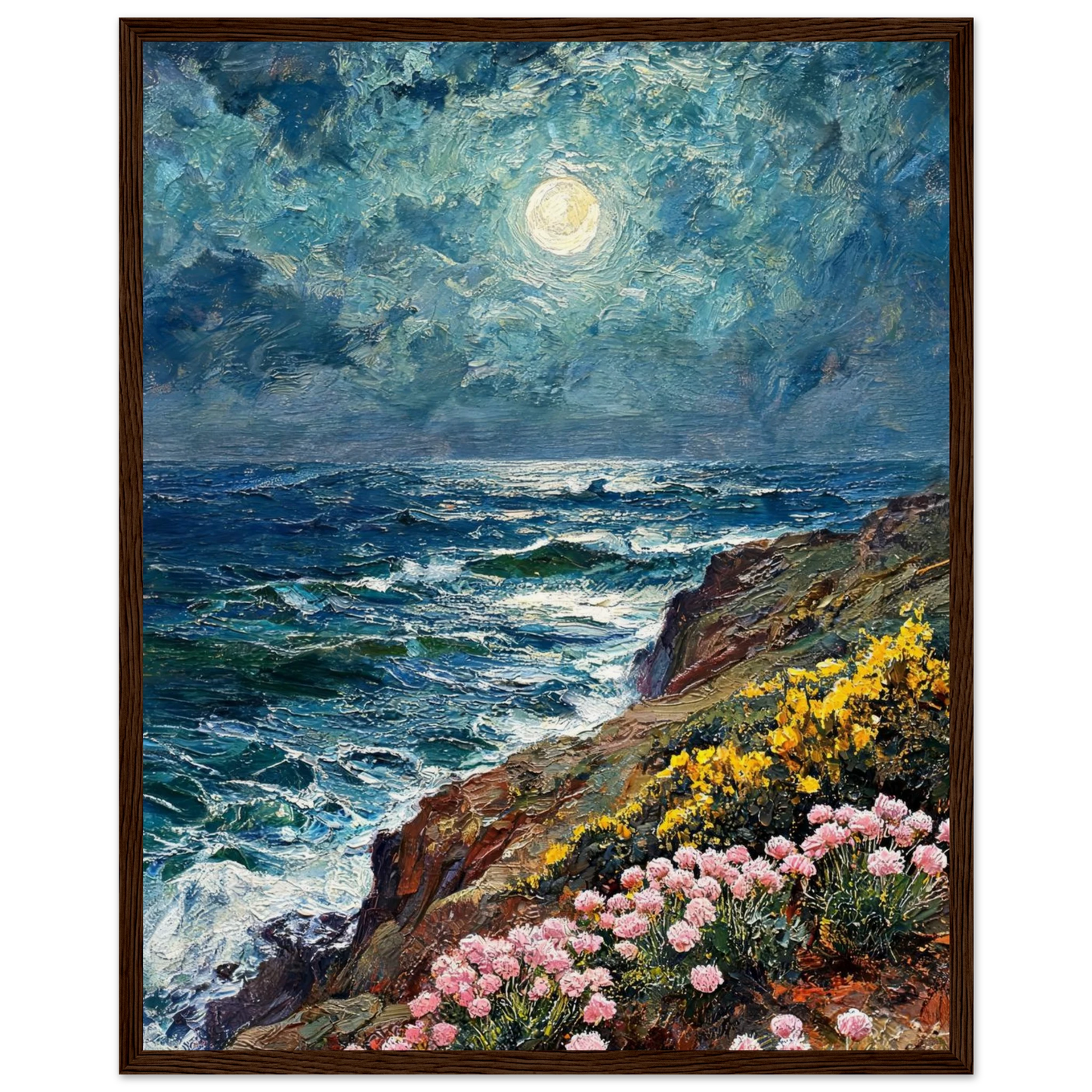 Moonlit Coastal Cliffs ready-to-hang wooden framed poster by Vintstep