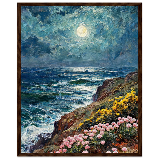Moonlit Coastal Cliffs ready-to-hang wooden framed poster by Vintstep