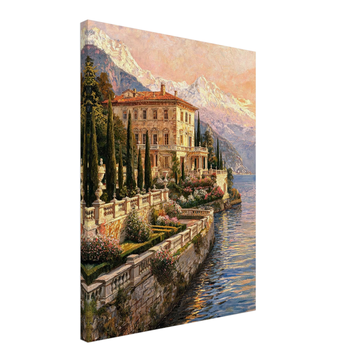 A vertical canvas wall art print depicting a grand classical villa on a lakeshore with mountains in the background, shown at a three-quarter angle against a plain white background.