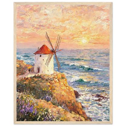 Framed Coastal Windmill Art | Seaside Sunset Wall Decor Poster