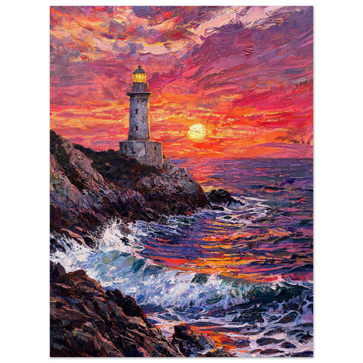 A colorful painting of a lighthouse on a rocky coastline at sunset, with dramatic pink, orange, purple, and blue sky and ocean waves, shown against a white background.