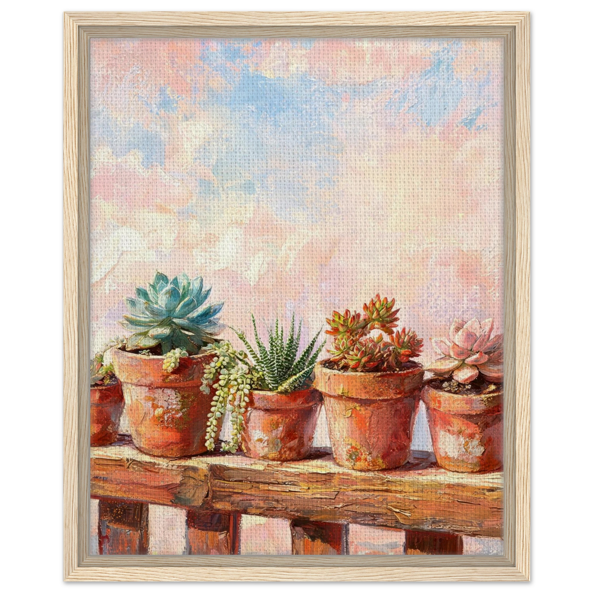 Framed Canvas Art: Potted Succulents and Pastel Sky | Modern Botanical Print