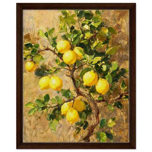 Framed canvas print of an Impressionist lemon tree branch painting mounted in a sleek frame for a polished gallery presentation. Dark wood frame.