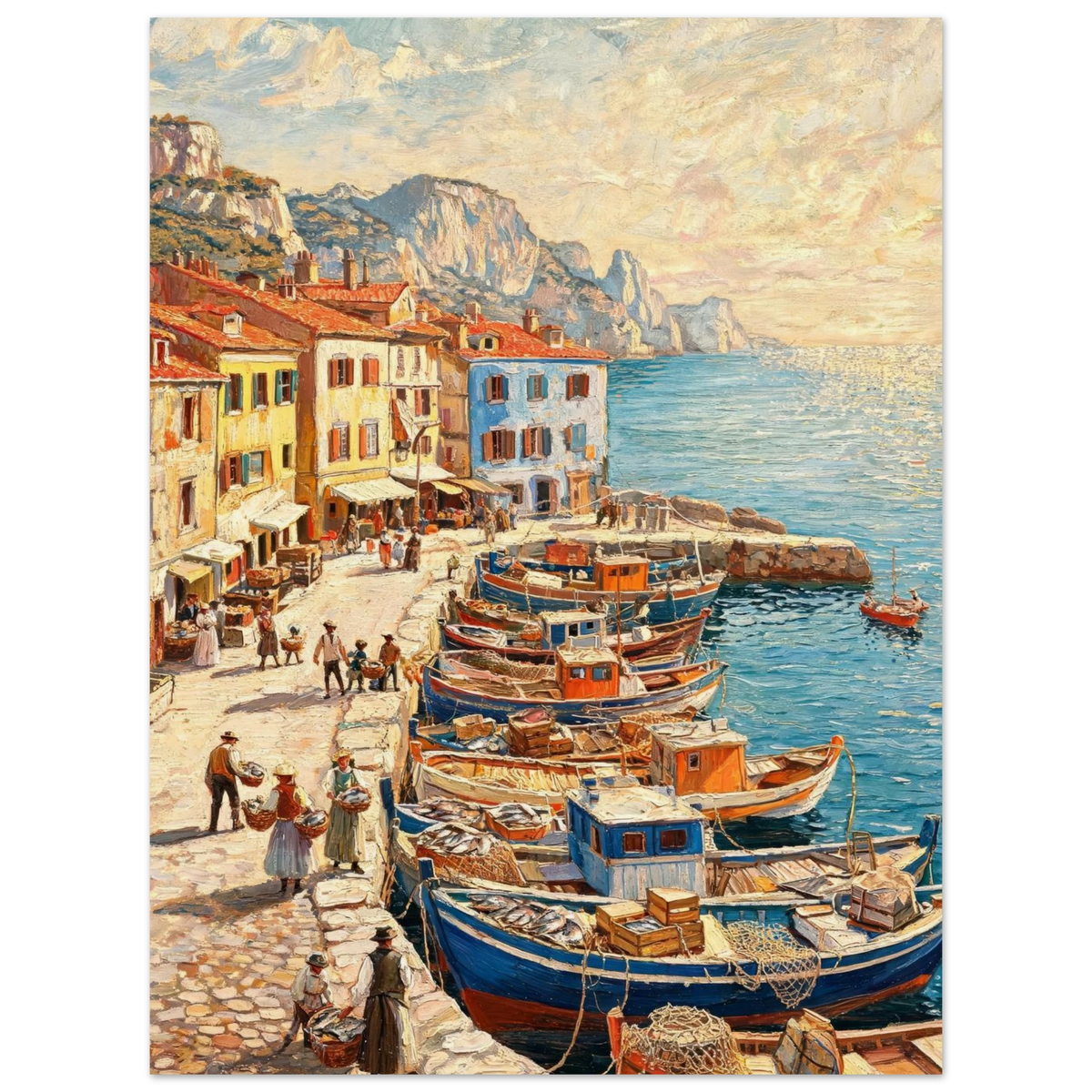 A colorful oil painting of a coastal harbor scene with blue boats moored at a stone pier, pastel buildings, sea, and mountains under a cloudy sky.