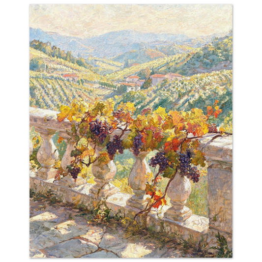 A scenic art print depicting a vineyard landscape with rolling hills, distant mountains, and stone balustrade railings in the foreground holding potted grapevines with purple and red grapes.