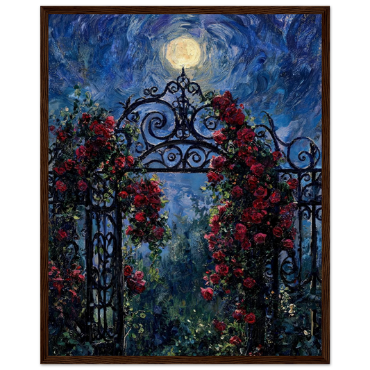 Moonlit Rose Gate ready-to-hang wooden framed poster by Vintstep