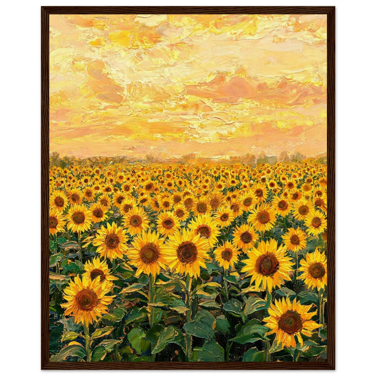 Wooden framed fine art print featuring a textured oil painting of vibrant sunflowers at golden hour.