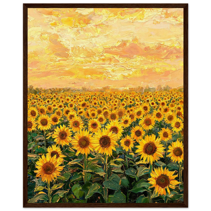 Wooden framed fine art print featuring a textured oil painting of vibrant sunflowers at golden hour.