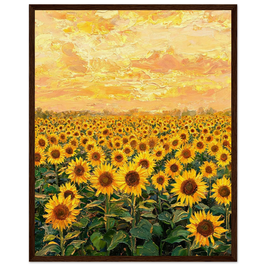 Wooden framed fine art print featuring a textured oil painting of vibrant sunflowers at golden hour.