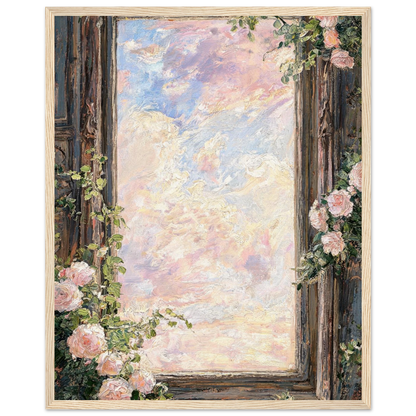 Framed Pastel Sky and Rose Window Art Print | Ready-to-Hang Floral Wall Decor