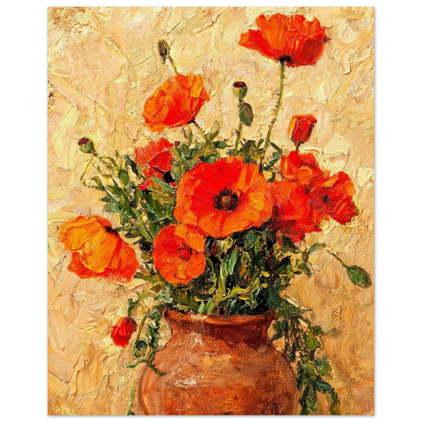 Fine art print of an Impressionist red poppy potted plant featuring vibrant orange-red blooms and rich oil painting textures.