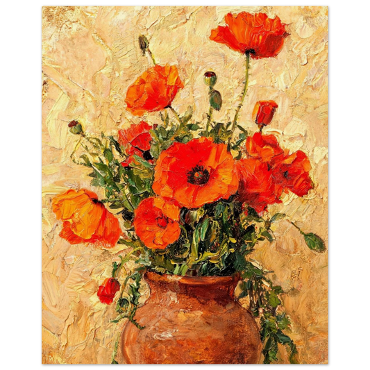 Fine art print of an Impressionist red poppy potted plant featuring vibrant orange-red blooms and rich oil painting textures.
