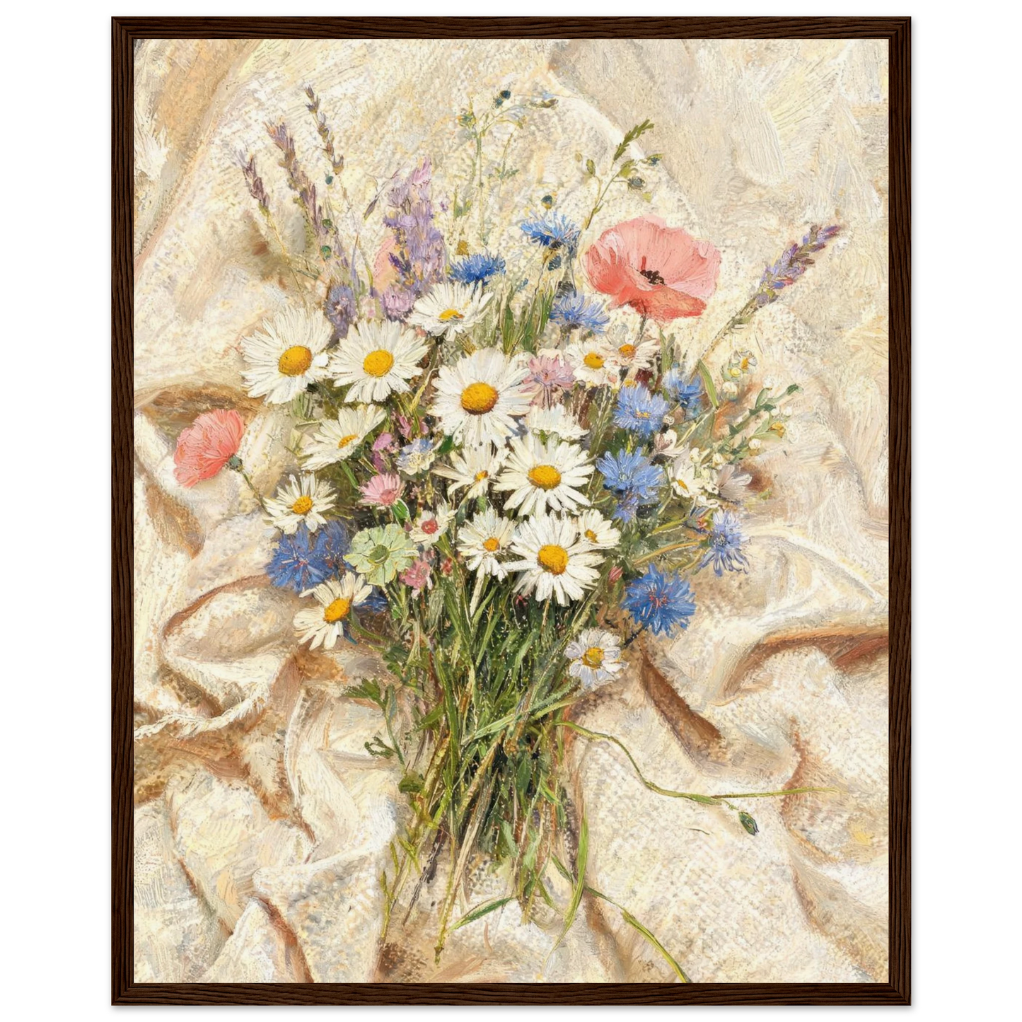 Wooden framed fine art print of an Impressionist wildflower bouquet showcasing vibrant light and rich tactile textures.