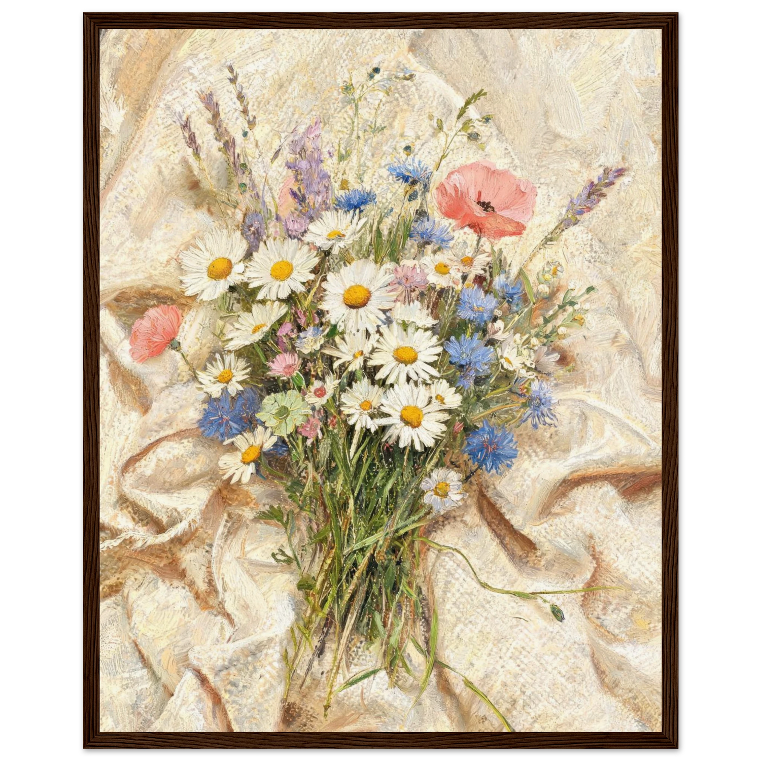 Wooden framed fine art print of an Impressionist wildflower bouquet showcasing vibrant light and rich tactile textures.