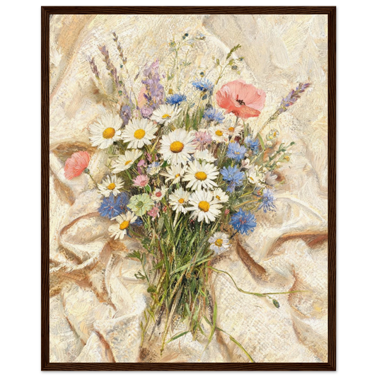 Wooden framed fine art print of an Impressionist wildflower bouquet showcasing vibrant light and rich tactile textures.