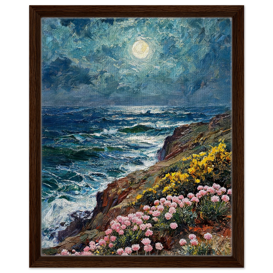 Moonlit Coastal Cliffs floating frame canvas wall decor by Vintstep