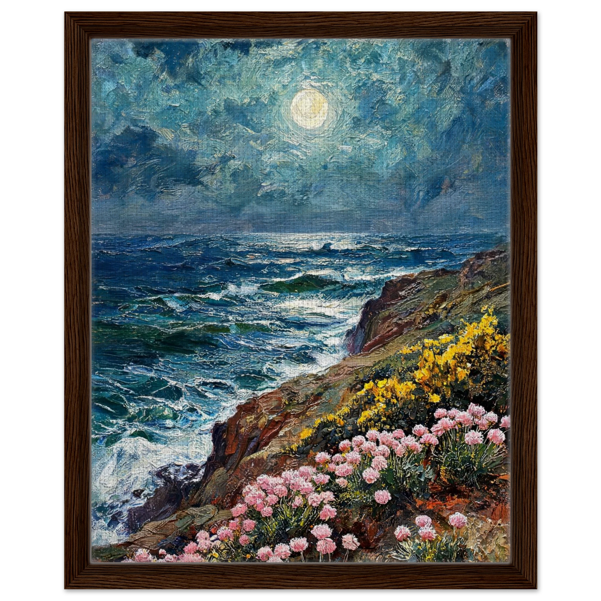 Moonlit Coastal Cliffs Framed Canvas Wall Art