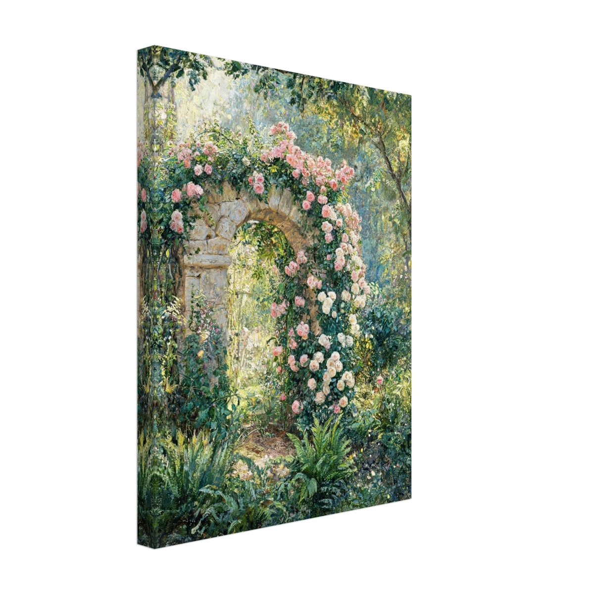 A vertical canvas wall art print depicting a lush garden archway with pink and white roses over a stone structure, shown at a three-quarter angle against a plain white background.