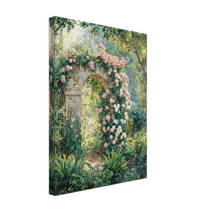 A vertical canvas wall art print depicting a lush garden archway with pink and white roses over a stone structure, shown at a three-quarter angle against a plain white background.