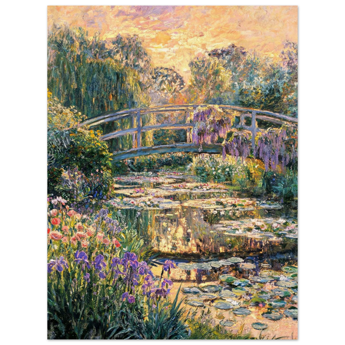 Claude Monet's 'Garden of the Dead' style impressionist painting featuring a wooden bridge over water lilies, with purple wisteria and irises in the foreground, shown as a vertical art print against a white background.