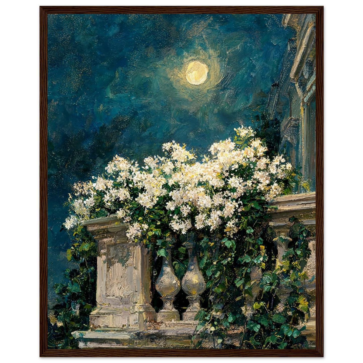 Moonlit Balcony Blooms ready-to-hang wooden framed poster by Vintstep