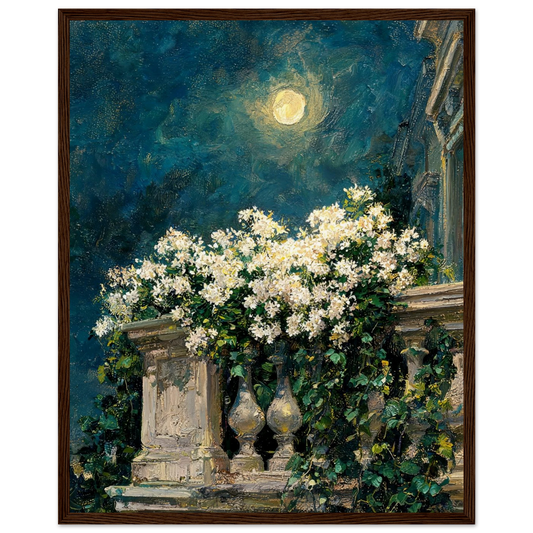 Moonlit Balcony Blooms ready-to-hang wooden framed poster by Vintstep