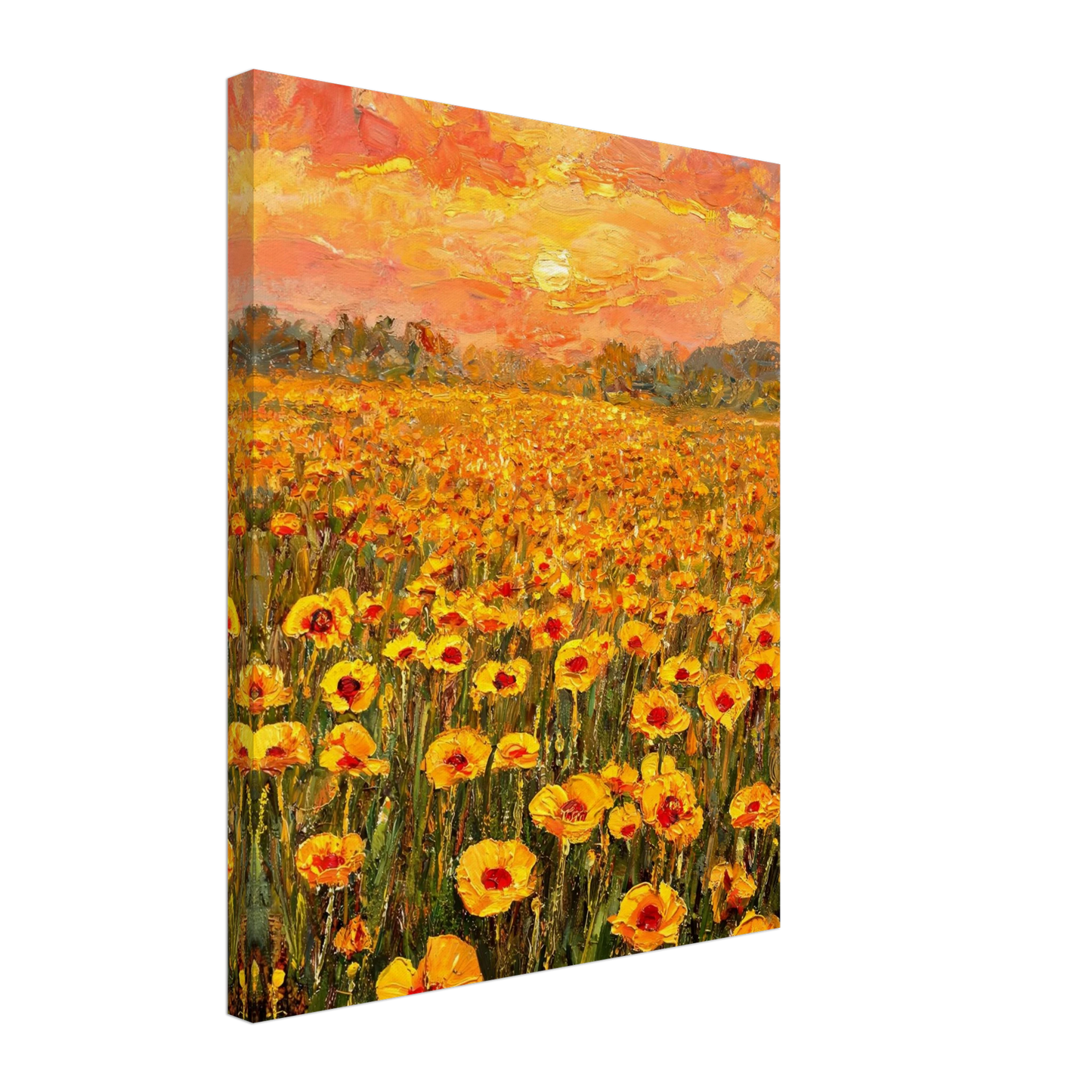 Canvas print featuring a textured oil painting of a golden hour poppy field under a warm sunset sky.