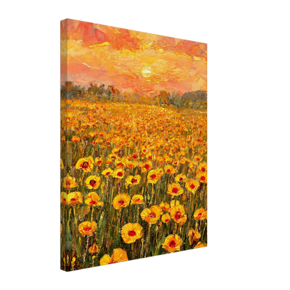 Canvas print featuring a textured oil painting of a golden hour poppy field under a warm sunset sky.