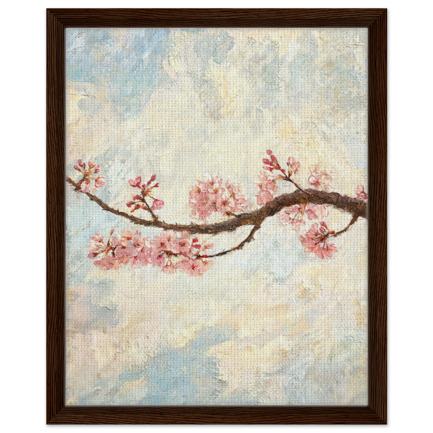 Framed canvas print of an Impressionist cherry blossom branch painting mounted in a sleek frame for a polished gallery presentation.