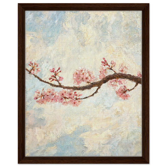 Framed canvas print of an Impressionist cherry blossom branch painting mounted in a sleek frame for a polished gallery presentation.