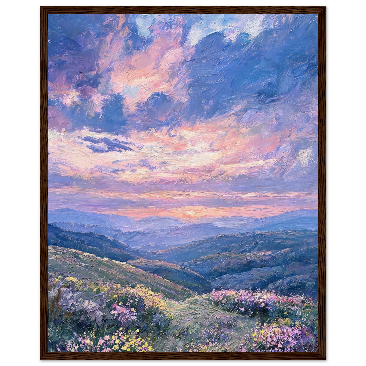Wooden framed fine art print of a mountain landscape with a purple sunset and wildflowers, ready to hang.