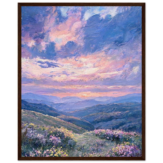 Wooden framed fine art print of a mountain landscape with a purple sunset and wildflowers, ready to hang.