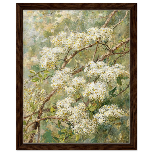 Framed canvas print of an Impressionist white blossom branch painting mounted in a sleek frame for a polished gallery presentation. dark wood frame.