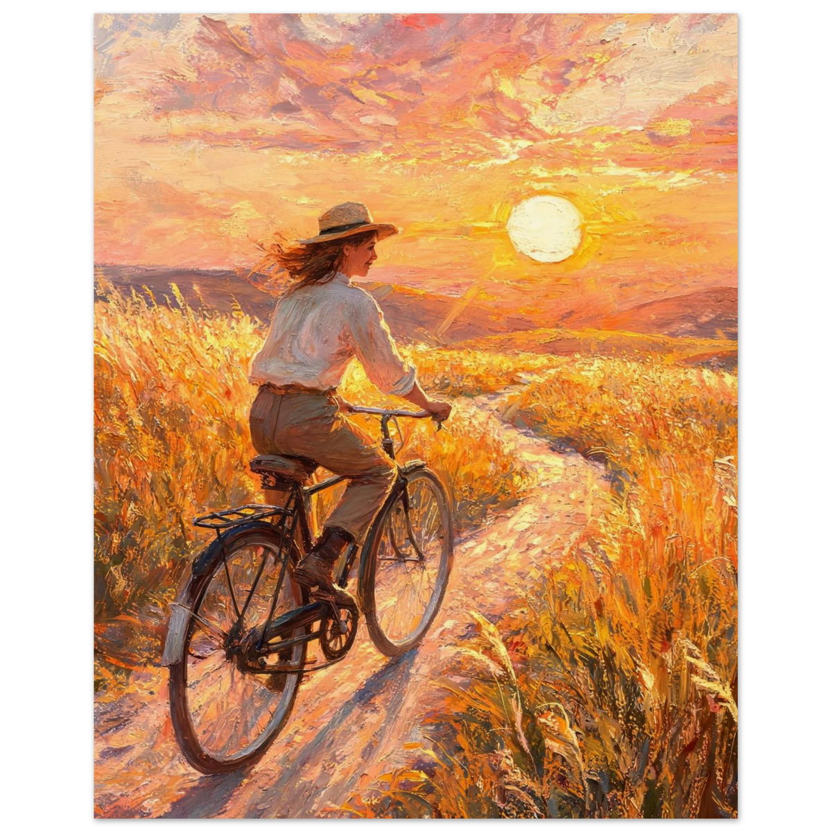 Fine art print of a woman riding a bicycle through a golden meadow under a radiant sunset sky.